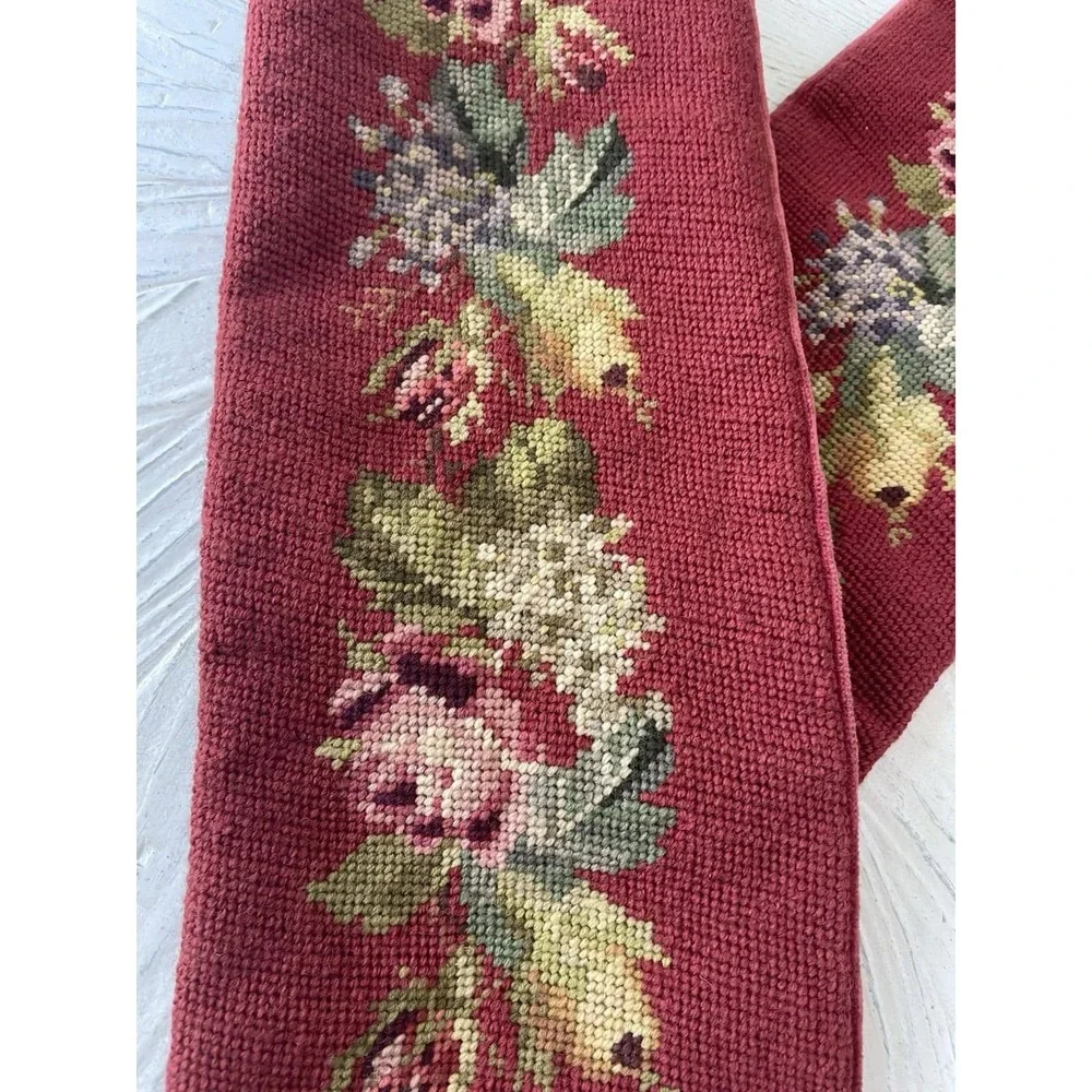 Vtg Burgundy Needlepoint Tapestry Ornate Brass Bell Pull Wall Hanging 63